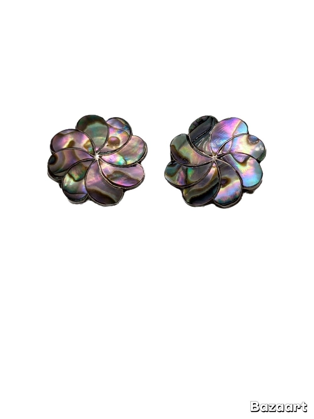 Vintage Alpaca Taxco Iridescent Abalone Sterling Silver Flower Clip-On Earrings